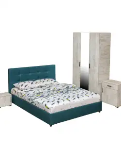 Set dormitor ECONO, 5 piese, pat 160x200 cm, dulap 3 usi, comoda, 2 noptiere, pin antichizat + turcoaz