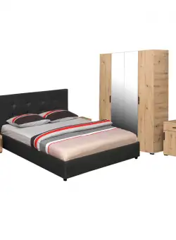 Set dormitor ECONO, 5 piese, pat 160x200 cm, dulap 4 usi, comoda, 2 noptiere, artisan + gri antracit