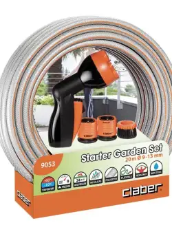 Set gradina Claber Starter 90530000: furtun 20 m pistol irigare conector 3/4 inch adaptor 1/2 inch