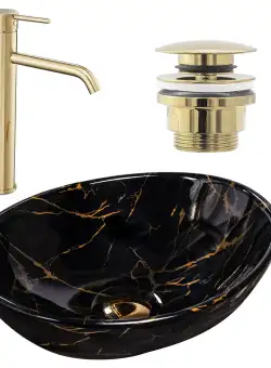 Set lavoar Sofia marble black + baterie inalta Lungo gold + dop universal gold