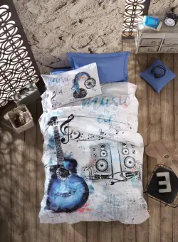 Set Lenjerie de pat single, Albastru, 220 x 160 cm,100% Bumbac Ranforce