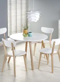 Set masa extensibila Ruben alb/stejar miere L102-142 cm + 4 scaune Buggi alb/natur