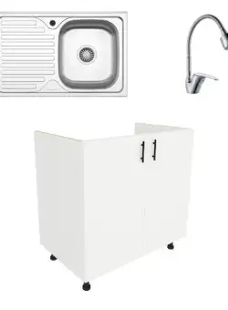 Set Masca Chiuveta Karo, Alb, 80 x 50 x 80 cm, Chiuveta Inox, Cuva dreapta, Baterie Flexibila