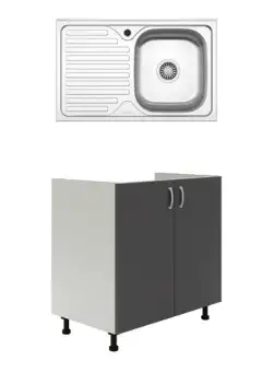 Set Masca Chiuveta Karo, Antracit/Alb, 80 x 50 x 80 cm, Chiuveta Inox, Cuva dreapta