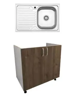 Set Masca Chiuveta Karo, Stejar Bronz/Alb, 80 x 50 x 80 cm, Chiuveta Inox, Cuva dreapta