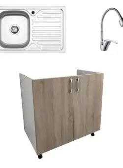 Set Masca Chiuveta Karo, Stejar Sonoma Inchis/Alb, 80 x 50 x 80 cm, Chiuveta Inox, Cuva stanga, Baterie Flexibila