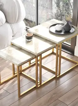 Set Masuta de Cafea Elegant , Alb - Aur, 40 x 42 x 40, 35 x 39 x 35, 30 x 36 x 30