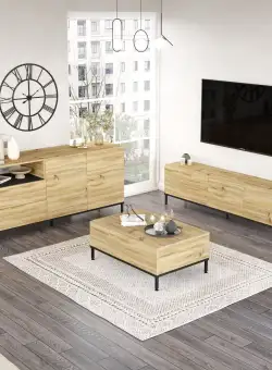 Set Mobila Sufragerie Cesaret , Stejar, 3 piese, Comoda Tv - Masuta de Cafea - Consola