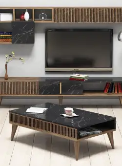 Set Mobila Sufragerie Milan - Walnut, Black, Nuc, 180x40x35 cm