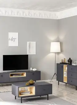 Set Mobila Sufragerie Natural, Gri, Comoda TV - Masuta de cafea - Biblioteca