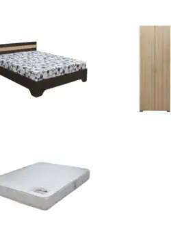 Set Pat Alma 140x200 cm cu picioare + Saltea superortopedica 140x200 cm + Dulap Corinne 2 usi bara haine