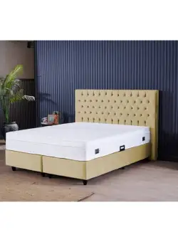 Set Pat tapitat CAMEL, 140x200 cm, lada depozitare, bej deschis + Saltea CROWN, cu arcuri, 140X200 cm, H 27 cm