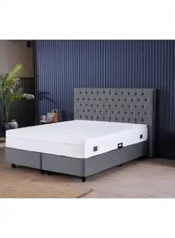 Set Pat tapitat CAMEL, 160x200 cm, lada depozitare, gri deschis + Saltea CROWN, cu arcuri, 160X200 cm, H 27 cm