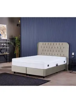 Set Pat tapitat CROWN, 160x200 cm, lada depozitare, bej + Saltea CROWN, cu arcuri, 160x200 cm, H 27 cm