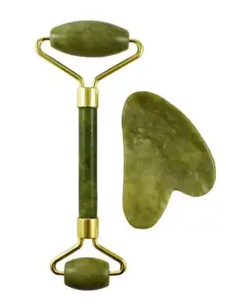 Set Rola Dubla si Piatra Forma Inima din Jad Verde Nefrit Pentru Masaj Gua Sha Facial si Corporal