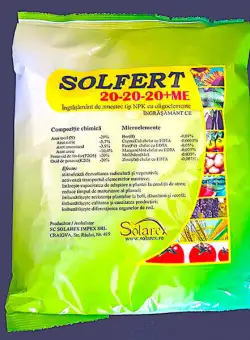 Solfert 20-20-20+ME 20 kg, ingrasamant foliar echilibrat tip NPK+ microelemente (Bor, Cupru, Fier, Mangan, Molibden, Zinc), stimuleaza dezvoltarea radiculara si vegetativa, imbunatateste calitatea si cantitatea productiei