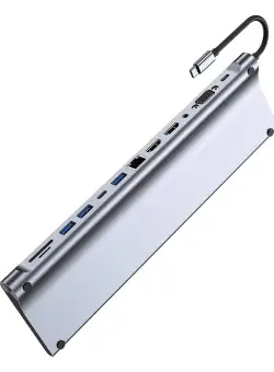 Statie de andocare pentru laptop 12 in 1 Techstar® CYC12IN1A, 2 x USB 2.0. 1 x USB 3.0, USB-C, LAN RJ45 Ethernet, Cititor De Carduri SD/TF, AUX Port 3.5 mm, 2 x HDMI, VGA, PD Port, Argintiu