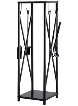 Suport lemne de Interior si Exterior cu economisire de spatiu din Metal cu Paleta, Matura, Vatrai si Cleste 34x34x111cm Negru Outsunny | Aosom RO