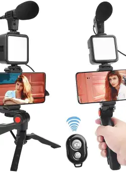 Suport telefon cu lampa LED, microfon si trepied, pentru vloggeri, KD4920