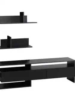 Suport TV modern HOMCOM cu 2 rafturi din lemn, dulap TV cu compartimente deschise si dulapuri, negru | Aosom RO