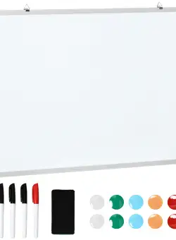 Tabla magnetica alba dreptunghiulara cu 4 markere, 1 radiera si 10 magneti incluse, din aluminiu si panou galvanizat, 90x60x1,8cm HOMCOM | Aosom RO