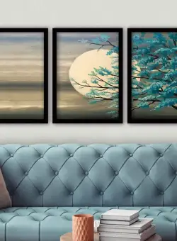 Tablou Canvas încadrată Luna, Alb - Albastru, 45x35 cm, 3 bucati