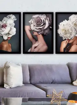 Tablou Canvas Woman infloreste, Multicolor, 45x35 cm, 3 bucati