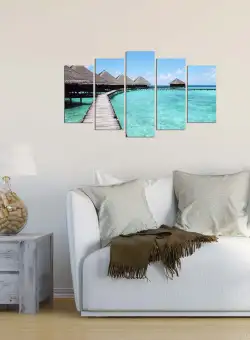 Tablou MDF ( 5 buc ) Maldive Apa Turcoaz, Multicolor, 60x110 cm