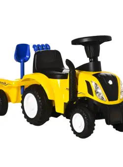 Tractor pentru Copii 12-36 Luni HOMCOM, Prevazut cu Loc cu Remorca, Grebla si Lopata, Joc Educativ, 91x29x44cm, Galben | Aosom RO