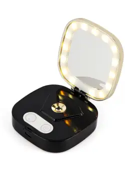 Umidificator Ultrasonic Techstar® VNM103, Forma de Pudriera, Vanity Mirror, Oglina Luminata, Acumulator, Design Elegant, Negru