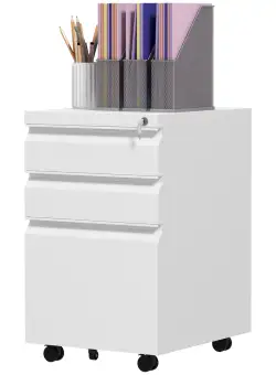 Vinsetto Dulap de Arhivare Mobil cu 3 Sertare, Roti, din Otel, Inchidere cu Cheie si Bara de Agatat Reglabila Format Letter, A4, Legal, Alb | Aosom RO