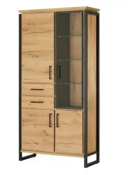 Vitrina Cu 3 Usi Si 2 Sertare Reno, Smoked Oak, Furnir Din Lemn Masiv, 100 Cm