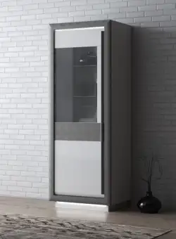 Vitrina Stanga Cuantico Alb, Beton Optic Gri Inchis Si Alb Super Lucios, 73.3 Cm