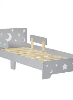 ZONEKIZ Pat pentru copii 3-6 ani cu stele si luna din MDF si PAL, 143x76x49 cm, culoare gri si lemn