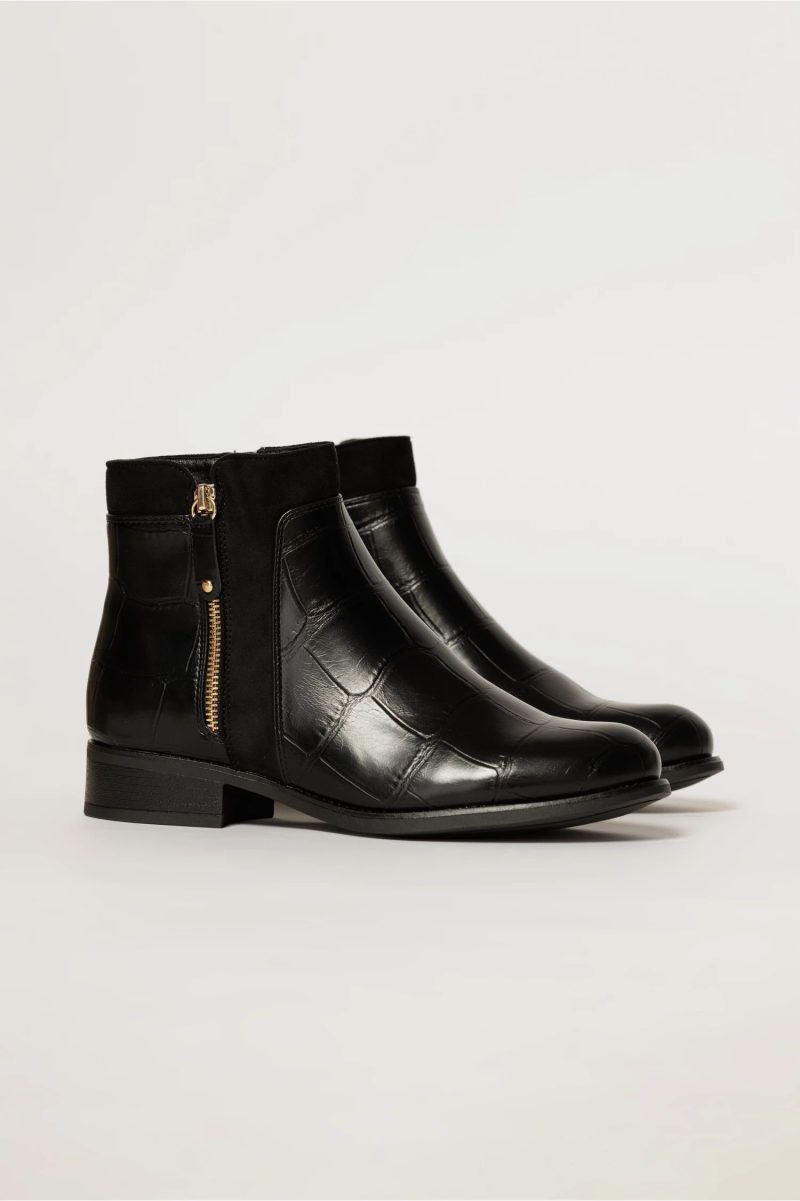 Botine negre elegante cu toc jos si textura piele de crocodil
