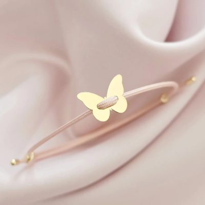 Brățara Aripi de Catifea - cu Fluture și Șnur roz Gros - Argint 925 placat cu Aur Galben 18K