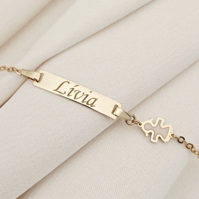 Bratara bebe - Personalizata cu nume - Placuta cu fetita si lant gros - Aur Galben 9K si Pink Mother of Pearl