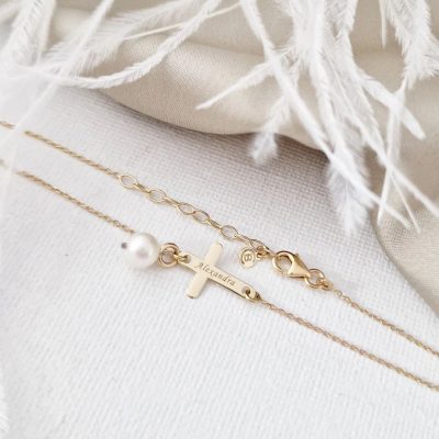 Bratara cruce cu picatura de Perla - Model cu lantisor elegant - Aur Galben 14K
