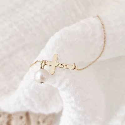 Bratara cruce cu picatura de Perla - Model cu lantisor elegant - Aur Galben 9K
