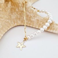 Bratara cu Perle si Diamant natural - Stella Marina - Model combinat cu perle si lantisor zale - Argint 925 placat cu Aur Galben 18K