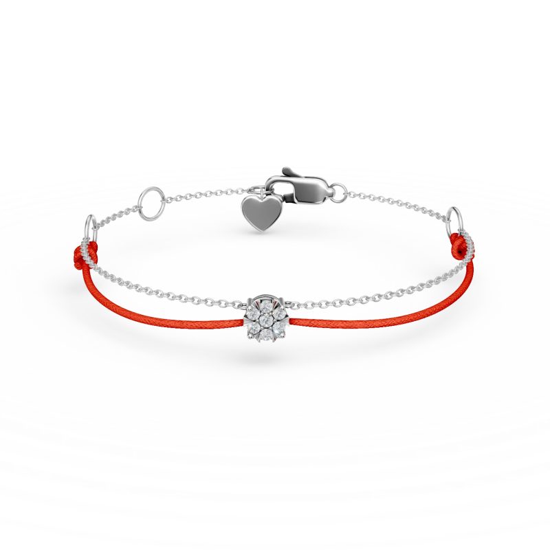 Bratara cu snur rosu si aur alb cu diamante de 0.1ct