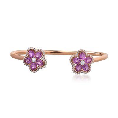 Bratara florala fixa deschisa din aur roz cu safire roz ovale de 4.88ct si diamante de 0.74ct