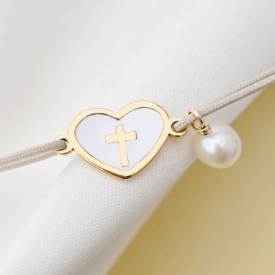 Bratara Inima pura - Bijuterie cu Har - Argint 925 placat cu Aur Galben 18K & Email alb - Snur reglabil