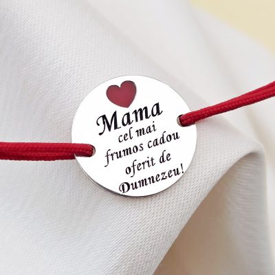 Bratara Mama, cadou de la Dumnezeu - Argint 925 si inima cu email rosu - Snur reglabil, diverse culori