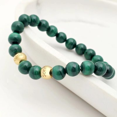 Bratara pietre semipretioase Malachit de 8 mm - Bilute din Argint 925 placat cu Aur Galben 18K - Snur elastic