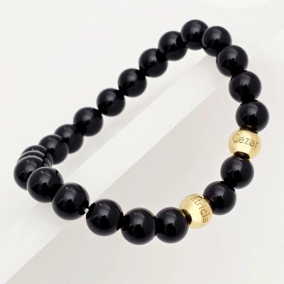 Bratara pietre semipretioase Onix lucios de 8 mm - Bilute din Argint 925 placat cu Aur Galben 18K - Snur elastic