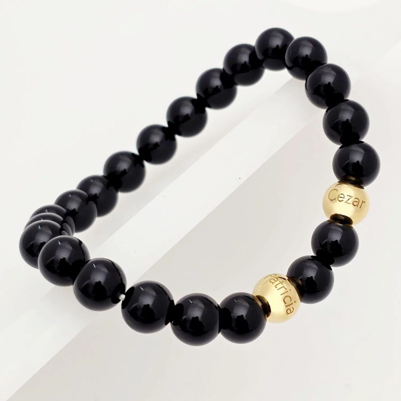 Bratara pietre semipretioase Onix lucios de 8 mm - Bilute din Argint 925 placat cu Aur Galben 18K - Snur elastic