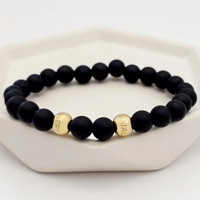 Bratara pietre semipretioase Onix mat de 8 mm - Bilute din Argint 925 placat cu Aur Galben - Snur elastic