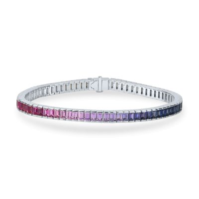 Bratara tennis din aur alb cu safire multicolore rectangulare de 6.91ct