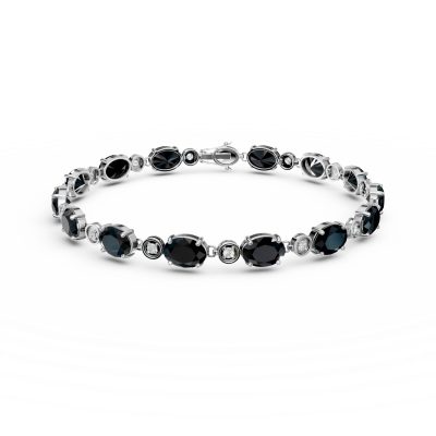 Bratara tennis din aur alb cu safire negre ovale de 16.1ct si diamante de 0.2ct